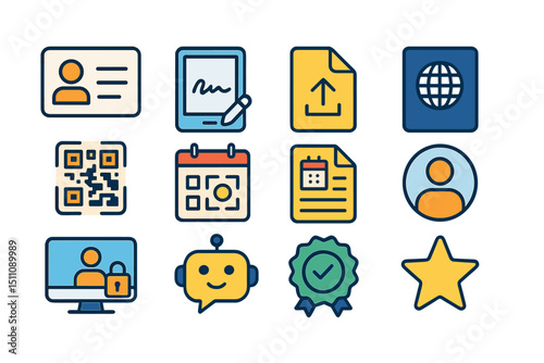 Digital icons set including qr code, signature, robot, star, certificate
