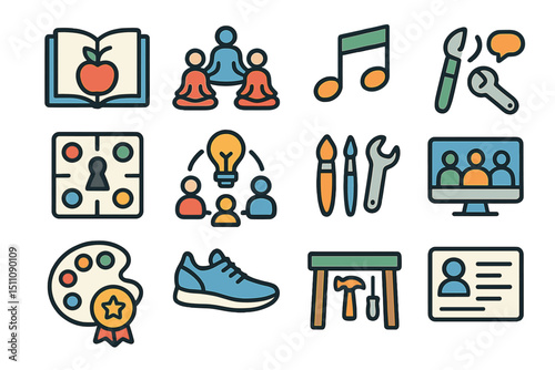 Educational icons set representing learning, creativity, and communication