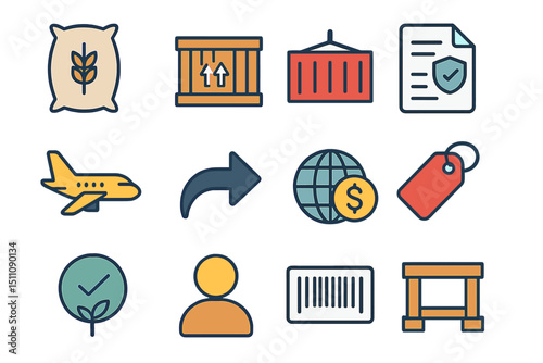 Supply chain and logistics icons representing global trade elements