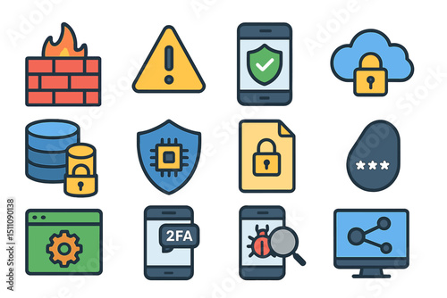 Cybersecurity icons - firewall, cloud, lock, shield, mobile security symbols