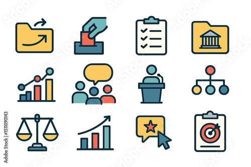 Colorful business and finance icons featuring charts, conversation, and legal symbols