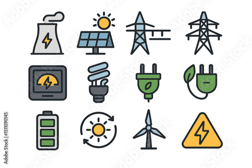 Energy icons set featuring renewable and traditional power sources