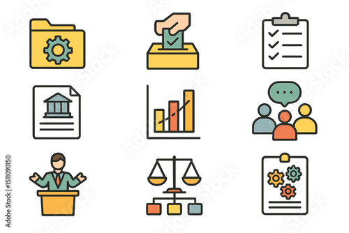 Business icons collection featuring charts, voting, and organization elements