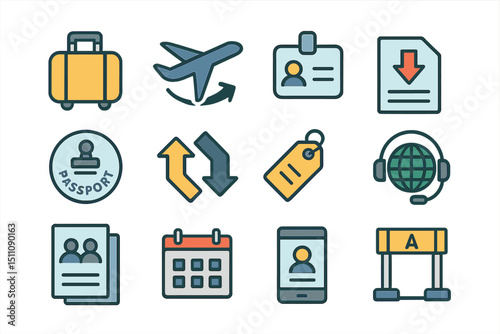Travel and document icons including passport, luggage, and airplane illustrations