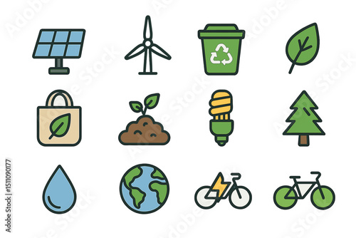 Eco-friendly icons: sustainability, recycling, energy, environment, nature