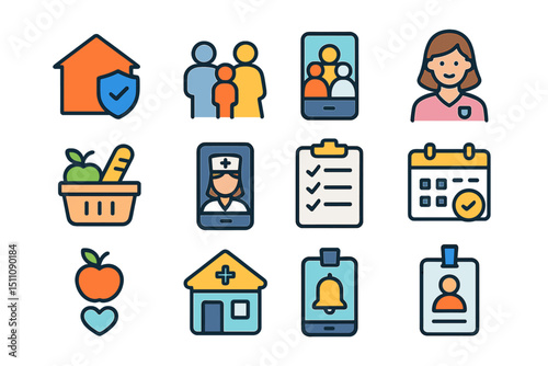 Colorful family and healthcare icons set with modern design