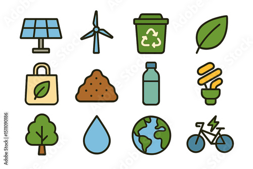 Eco-friendly icons: renewable energy, recycling, sustainability, green living