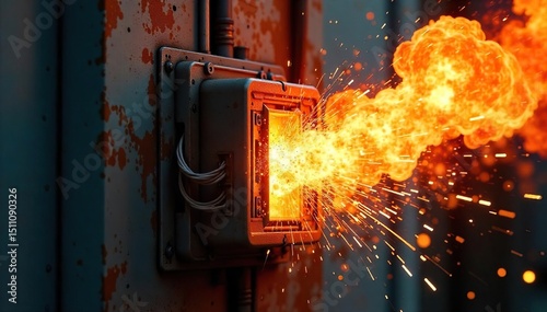 A fiery explosion erupts from a damaged electrical box, sparks flying and wires ablaze, signifying a dangerous power surge and potential disaster , high voltage, arc flash, electrical fault