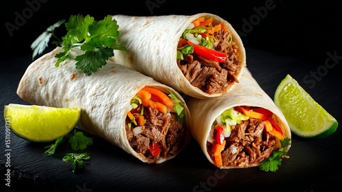 Beef burritos and veggies placed on dark background Abstract food layout showcasing Mexicanstyle wrap photo
