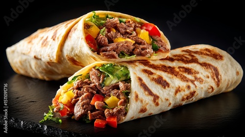 Beef burritos and veggies placed on dark background Abstract food layout showcasing Mexicanstyle wrap photo
