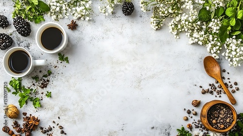 Coffee and spices on a light gray surface