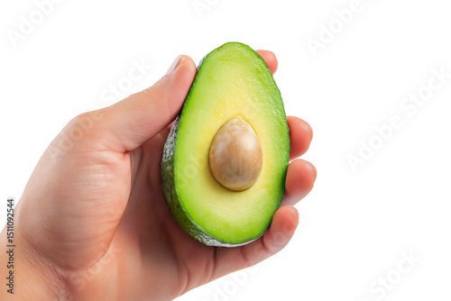 Hand holding an avocado half isolated on white background