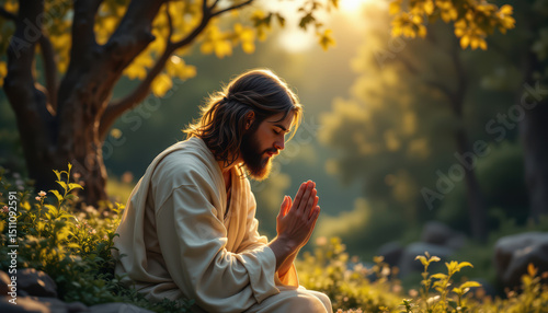 Jesucristo orando con manos juntas al aire libre entre árboles en tranquilo amanecer. Luz serena, cálida, dorada, atmósfera sagrada y divina, conexión espiritual, cristianismo. Pascua, Semana Santa.