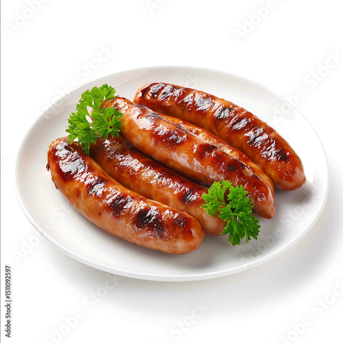 Grilled sausages on white plate isolated on white background ultrabright