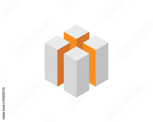 Abstract isometric design featuring interconnected grey cubes with vibrant orange accents.  Perfect for concepts of connection, unity, teamwork, or modern technology.