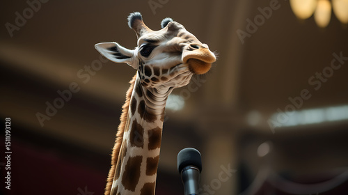 Low-angle shot of a giraffe giving a presentation