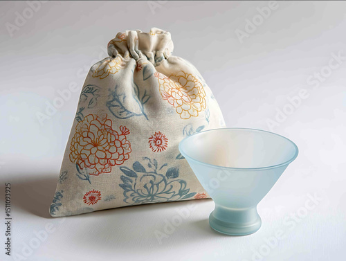 clear silicone menstrual cup with storage pouch placed on clean white background ecofriendly and reusable option great for zerowaste product marketing or wel