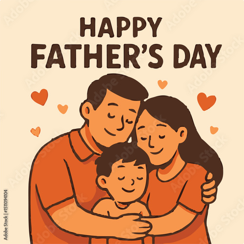 Happy Father's Day illustration featuring a loving family with a father, mother, and child hugging together. Warm, affectionate cartoon-style artwork ideal for holiday cards, social media.