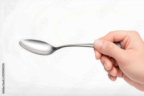 Hand holding a spoon isolated on white background
