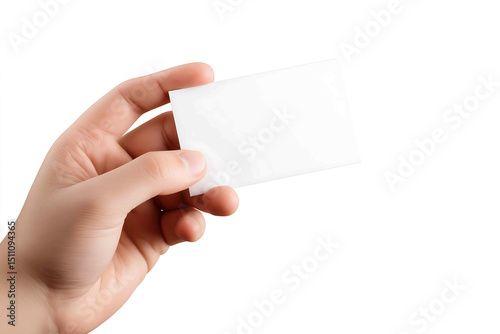 Hand holding a business card isolated on white background