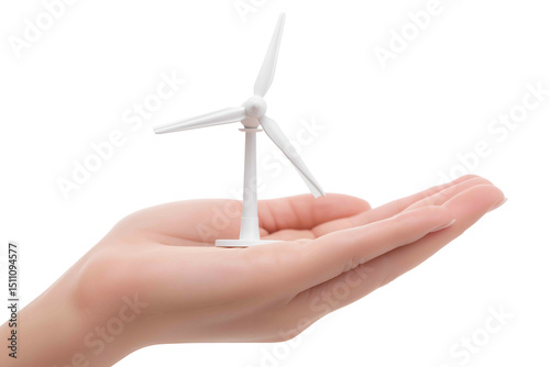 Hand holding a wind turbine model isolated on white background