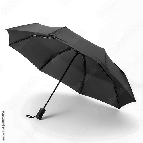 Black umbrella folded and tied isolated on white background