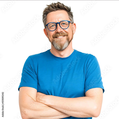 Smiling middle aged man with folded arms wearing blue T shirt and glasses standing against transparent background Focusing on eyesight isolated on white bac