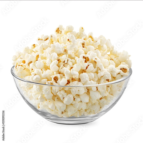 A bowl of fluffy white popcorn isolated object transparent background isolated on white background ultrabright