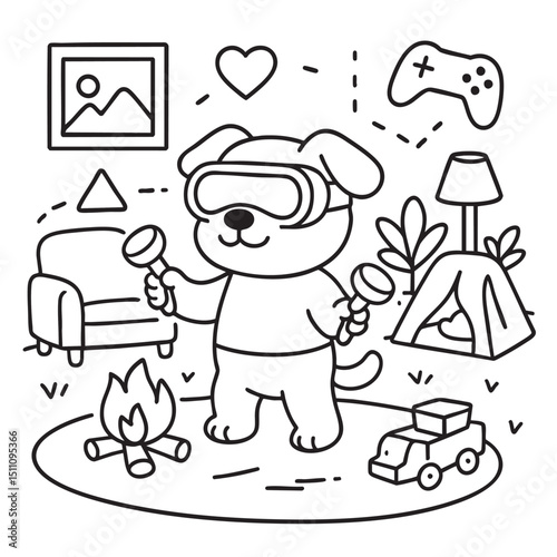 A charming black and white drawing featuring a playful dog that is joyfully wearing a virtual reality headset, fully immersed in its virtual adventure