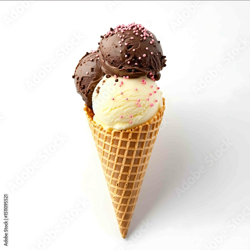 front view of real ice cream cone with 3 chocolate scoops isolated on white background
