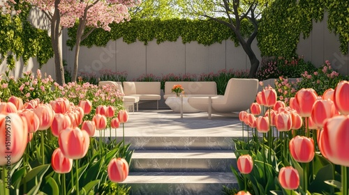 Exterior patio space with tulips and outdoor furniture. photo