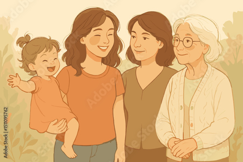 Generational bonds concept. Four generations of smiling women: baby girl, mother, grandmother, great-grandmother. Family lineage, heritage, love, female connection, and matriarchy. Warm illustration.