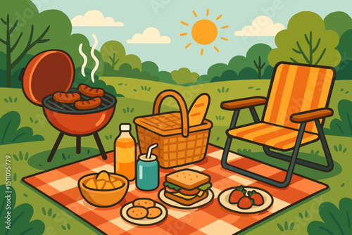 Summer picnic barbecue illustration. Sunny park landscape with grill, sausages, basket, sandwich, fruit, drinks on checkered blanket and chair. Outdoor leisure, al fresco dining, weekend fun.