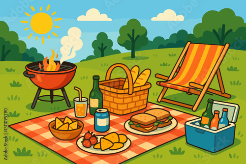 Summer picnic setup illustration. Barbecue grill, picnic blanket with food like sandwiches, nachos, strawberries, drinks in cooler, deckchair. Sunny park landscape for outdoor leisure.