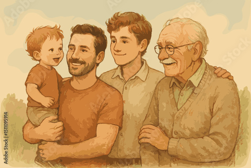Four generations of men. Heartwarming family portrait illustration. Toddler, youth, adult, senior. Male lineage, ancestry, heredity. Family bond, love, fatherhood, continuity. Nostalgic drawing.