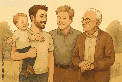 Joyful three male generations: baby, father, grandfather. Heartwarming hand-drawn sketch of family unity, lineage, and enduring love. Multigenerational men portrait, timeless connection.