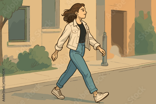 Young woman walking. Urban stroll. City street scene. Casual fashion: denim jacket, jeans, sneakers. Female character illustration. Modern lifestyle. Pedestrian. Outdoor activity. Youthful.