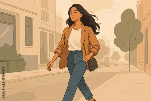 Woman walking city street. Urban fashion illustration. Stylish young female character, casual chic outfit, jeans, blazer. Confident stroll. Modern lifestyle. Cityscape background. Vector graphic.