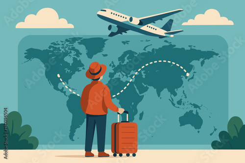 Journey of exploration. Tourist with suitcase and hat in front of world map with dotted airline route. Airplane flying. Concept for travel, vacation, adventure, tourism, discovery.