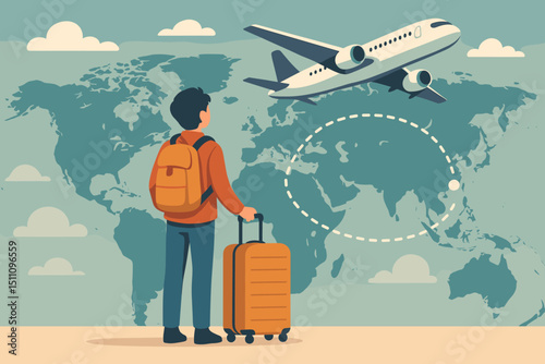 Embark on a global journey: Man with backpack and suitcase observes airplane flight path on world map. Concept for international travel, adventure tourism, vacation, and exploration. Vector art.
