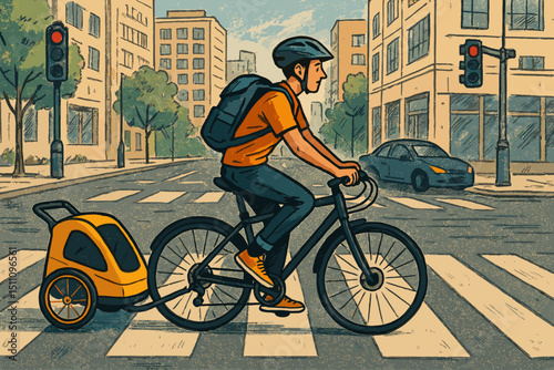 Man on bicycle with cargo trailer crossing city street. Urban cyclist commuting, active lifestyle. Eco-friendly transportation concept. Pedestrian crosswalk, traffic light. Retro vector art.