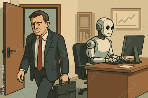 AI replacing professionals concept. Job displacement anxiety. Sad businessman fired, leaves office. Robot worker at desk. Automation, future of work, unemployment, tech disruption. Vintage style.