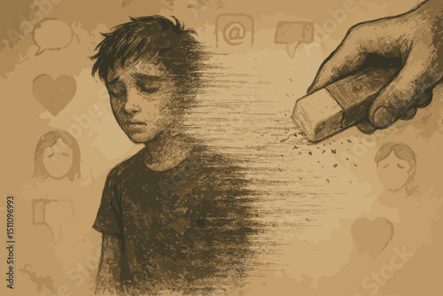 Concept fading identity memory loss child erased by social media pressure cyberbullying. Sad boy disappearing due to online harassment mental health crisis. Vulnerable youth digital psychology sketch.