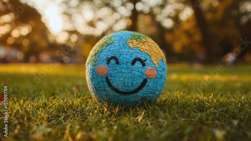Happy Earth Globe in Green Grass - Sustainable Living Concept