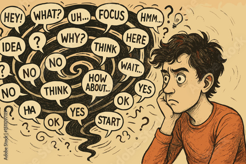 ADHD mental health concept. Young man overwhelmed by a chaotic whirlwind of thoughts, struggling with focus, distraction, and anxiety. Neurodiversity, stress, and inner chaos illustration.