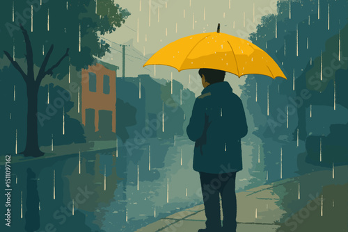 Rainy day melancholy concept. Solitary figure with bright yellow umbrella. Urban street scene depicting introspection, loneliness, and comfort. Painterly weather illustration, quiet contemplation.