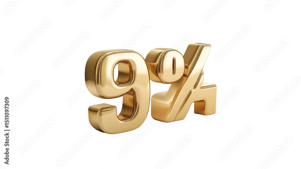 3D Render of Gold 9 Percent Sign - Discount, Sale, Finance Concept 3D Render of Gold 9 Percent Sign - Discount, Sale, Finance Concept
