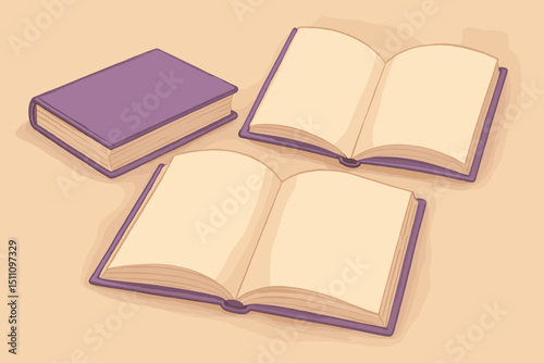 Illustrated purple books set: two open with blank pages, one closed. Ideal for mockup, template, education, study, journaling, diary, notebook. Knowledge, literature, storytelling concept art.