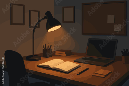 Warm Workspace Glow: Dimly lit desk, lamp shining on open notebook and laptop. Perfect for home office, student study session, late-night work, quiet focus, and learning. Cozy ambiance.