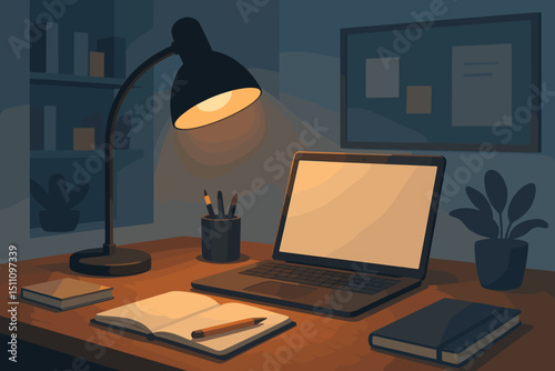Home office at night. Cozy workspace glow. Laptop screen light and desk lamp. Remote work, student study, e-learning. Modern flat vector illustration. Quiet productive ambiance.